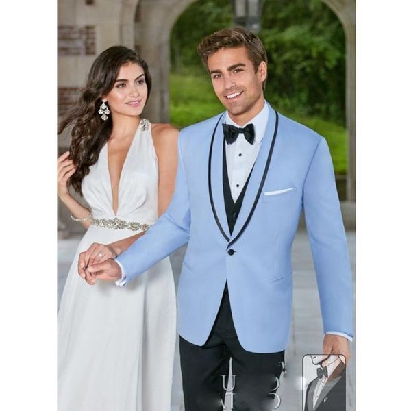 Costumes formels bleu clair pour hommes, coupe cintrée, châle à un bouton, revers, sur mesure, trois pièces (manteau + pantalon + gilet) pour mariage