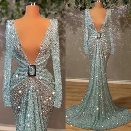 Lichtblauw sprankelend lovertjes Mermaid avondjurken Afrikaanse bling bling v nek lange mouw feestjurken aso ebi prom jurk 269n