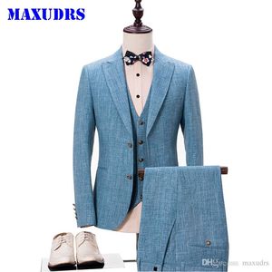 Trajes de hombre de moda de marca de estilo azul claro, chaqueta, pantalones, chaleco, 3 piezas, novio masculino, boda, fiesta de graduación, esmoquin, ropa formal de negocios por encargo