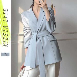 Bleu clair costume veste femmes printemps coréen décontracté ceintures bureau dame mince Blazer manteau femme tenues 210608