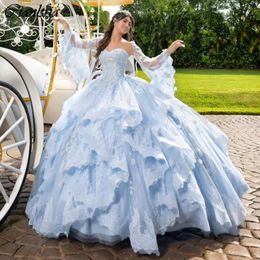 Bleu clair chérie appliques dentelle volants robe de bal hors de l'épaule robes de Quinceanera perles tulle corset robes de 15 ans