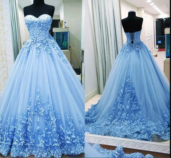 Bleu clair chérie dentelle robes de bal robes de Quinceanera tulle appliques longues robes de bal Sweety filles 16 ans robes avec lacets