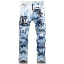 Bleu à cravate bleu teint teintée étoile broderie de trou cassé jean en coton extension de mode polyvalente maison skinny denim pantalon 240426