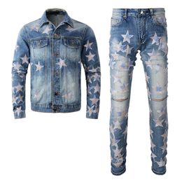 Lichtblauwe trainingspakken Gescheurde gaten Jeanssets voor heren Lente Herfst Sterpatch Denim jack met lange mouwen Bijpassende stretch skinny broek Mode Slank Conjuntos de hombre