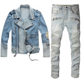 Survêtements bleu clair Ensembles de pantalons pour hommes vintage Ripped Hole Zip Design Veste en jean et Jeans Biker Slim Fit Multi-Pocket 2pcs Vêtements pour hommes