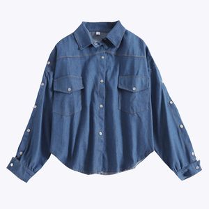 Lichtblauw Turn Down Collar Volledige Mouw Knop Lang Holle Cold Shoulder Shirt Denim Jeans Solid B0191 210514