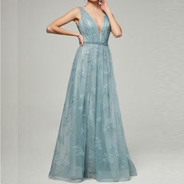Bleu clair Vintage dentelle robes de bal manches Appliques col en v une ligne Robe de soirée magnifique Robe de soirée princesse Robe de
