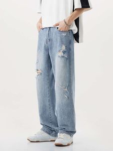 Lichtblauw gewassen inktspatten noodlijdende jeans voor heren 2024 lente trendy losse en knappe rechte casual broek