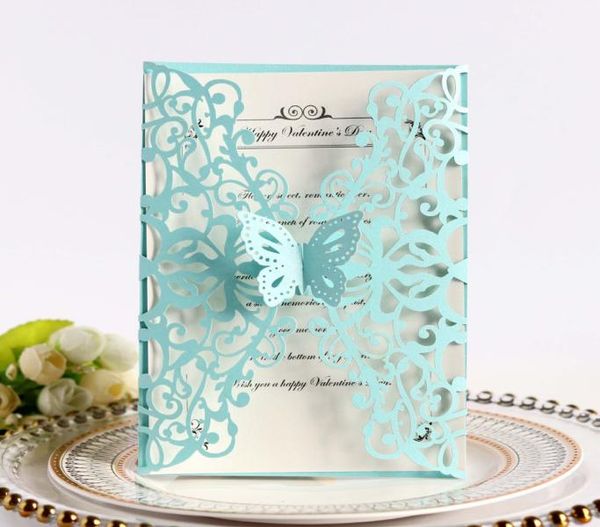 Tarjetas de boda de color azul claro Tarjetas brillantes cortadas con láser Invitaciones con mariposa para fiesta de compromiso Negocios DIY 20 colores Quinceañera I9831928