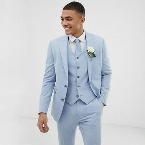 Trajes de hombre de boda azul claro Slim Fit Lino Esmoquin Ropa de novio Terno 3 piezas (chaqueta + pantalón + chaleco) Novio Blazer Traje Homme Hombre Bla