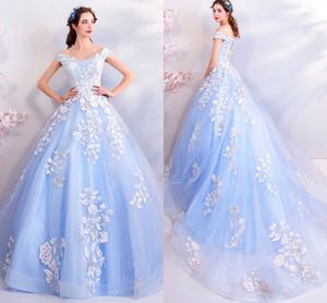 Légère bleue blanche dentelle broderie quinceanera robes robes de bal de bal 2020 pas cher de l'épaule dace-up fête pageant robe douce 16 filles