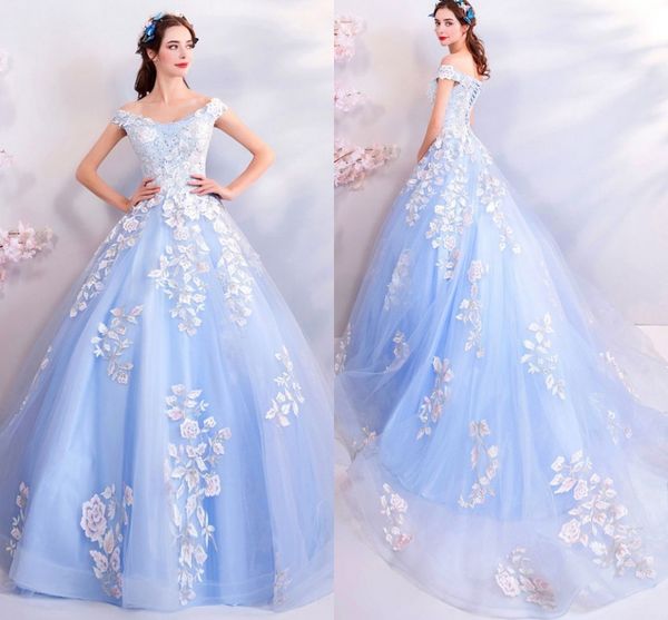 Vestidos de quinceañera con bordado de encaje azul claro y blanco, vestidos de baile de graduación 2020, vestido de fiesta con cordones y hombros descubiertos baratos, dulce 16 niñas