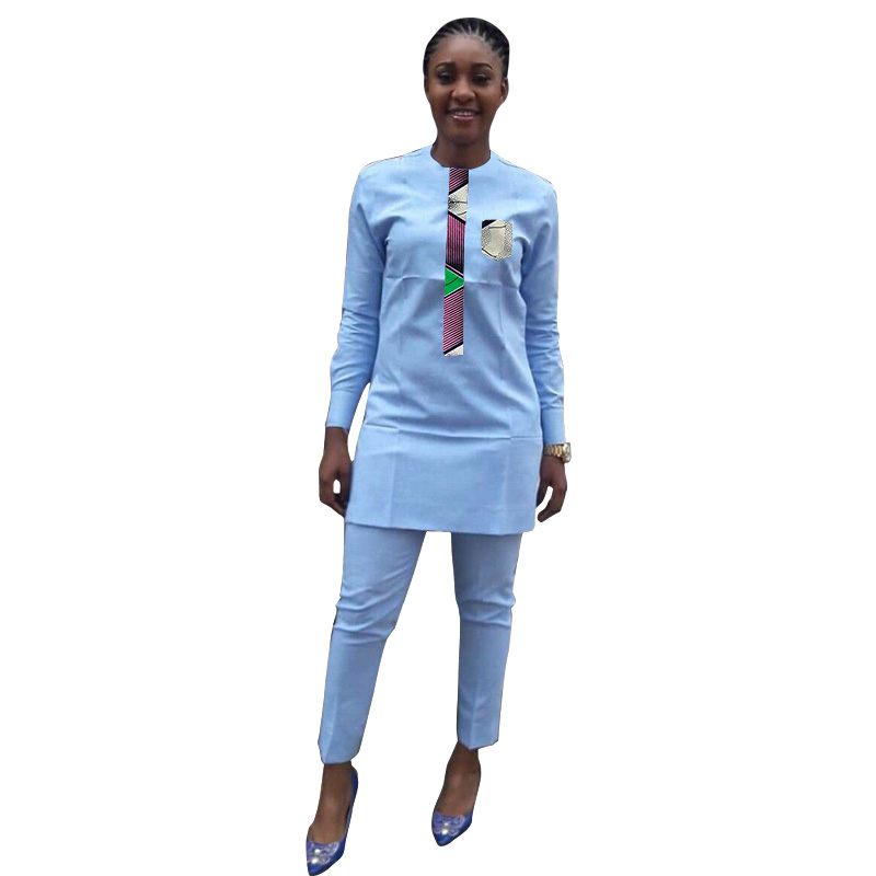 Mulheres azuis claras tampas de retalhos com calças Ancara Ancara Camisa do festival+desgaste personalizado africano da feminina