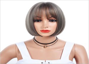 Brun clair et gris argenté Wig 12 pouces Coiffes synthétiques résistantes à la chaleur droite pour les femmes Blackwhite Cosplay ou Party Bob WI7096138