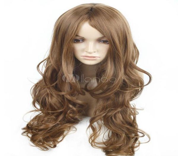 Perruques de cheveux longs Kanekalon brun clair perruque complète synthétique pour femme 4159285