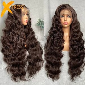 Perruques en dentelle synthétique marron clair Xtress Super Long Wave Low Wave 13x4 Lace Frontal Hair Wig With Baby Hair Daily Fashion Style 240408