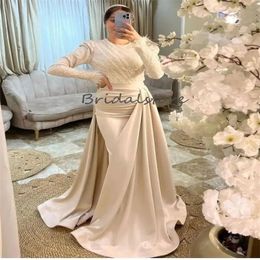 Licht Champagne Arabisch Galajurk Met Veren Lange Mouwen Pailletten Avondjurken Dubai Abaya Moslim Formele Gelegenheden Verjaardag Jurken vestidos de fiesta para mujer