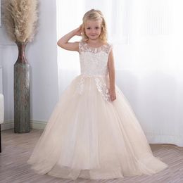 Licht Champagne Bloemenmeisjesjurk Kant Tule Glitter Kind Bruiloft Prinses Baljurk Communie Gewaad Princesse Fille 240309