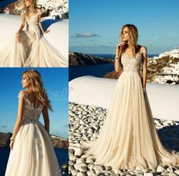 Robe de mariée en mousseline de soie, dentelle Champagne légère, ligne A, épaules dénudées, haut Boho, robes de mariée de plage, 8350658