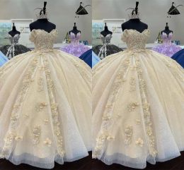 Robes de Quinceanera champagne clair avec D dentelle florale appliques perlées Tullelongueur plis doux robe de bal d'anniversaire sur mesure