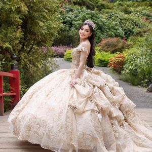 Champagne clair Sweet 16 Quinceanera Dress Off épaule Appliques Paillettes Cristal Fleurs Princesse Robe De Soirée Vestidos De 15 Anos