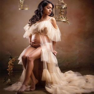 Licht champagne tule moederschap partij jurken voorzijde split spaghetti riemen plus size moederschap gewaden plus size sexy prom jurk fotoshoot op maat gemaakte vestidos