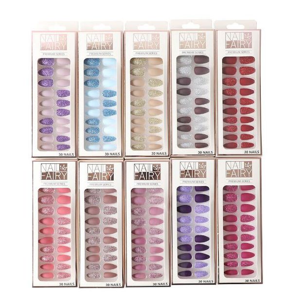 couleur claire bleu rose couleur faux ongles voyages 24pcs été pointu brillant paillettes paillettes ongles conseils faux transparent couverture complète porter doigt art