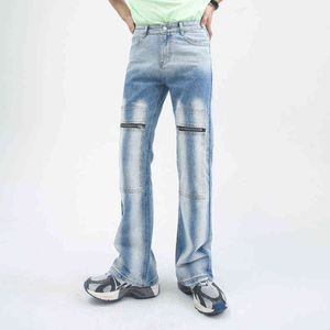 Couleur claire Contraste Tie-Dye Jeans Hommes Style Coréen Tendance Avant Poche À Glissière Design Denim Flare Pantalon Vintage Baggy Pantalon T220803