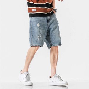 Lichtgekleurde Distressed Denim Shorts voor heren losse oversized trendy werkkleding, bijgesneden broek, zomer dunne stijl bedelaarsbroek