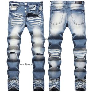 Jeans de couleur claire, trous élastiques pour hommes, pantalons tendance bleu teint par cravate, jeans AM à petites jambes