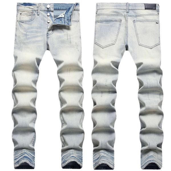 Jeans de couleur claire, trous extensibles pour hommes, pantalons tendance nostalgiques teints en cravate, jeans AM à petites jambes