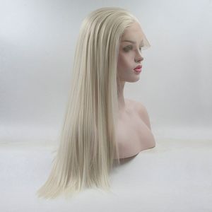 Perruque Lace Front Wig synthétique dorée claire 13*3, cheveux longs et lisses sans Gel résistant à la chaleur, perruque de maquillage quotidien pour dames