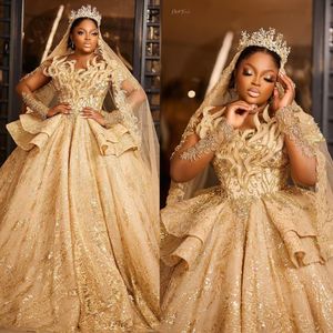 Lichte gouden baljurk trouwjurk voor zwarte vrouwen aso ebi lange mouwen trouwjurken illusie kraal raad de mariage plus size Afrikaanse bruidsjurken