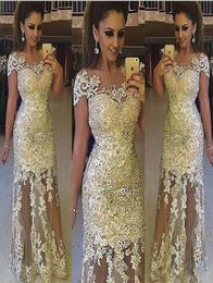 Lichte gouden kanten prom -jurken pure nekdop mouwen TULLE Zie door avondjurken Zuid -Afrikaanse 2K18 formele feestjurk Vestidos7359397