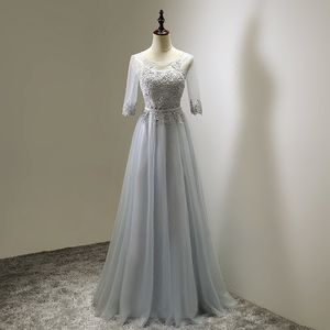 Lichtgrijze bruidsmeisje jurken lange bruiloft gast jurk feestjes pogingen sheer met applique plooien tule formele jurk plus size goedkoop