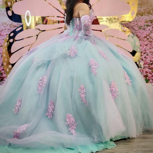 Robe De bal vert clair Quinceanera, en dentelle, avec des Appliques, en Tulle, princesse, pour fête d'anniversaire, 15 ans, douce 16, 2024