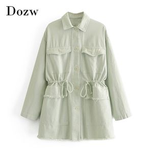 Manteau de poche de couleur vert clair Femmes Casual manches longues Lady chemise veste à lacets Tassel Outerwear Vêtements d'extérieur d'automne 210515