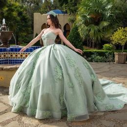 Lichtgroene glitter tule prinses Quinceanera jurken baljurk uit schouderapplique kanten kralen tull veter prom vestido de 15 verde