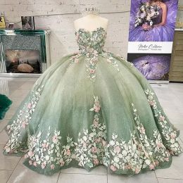Robes de Quinceanera à fleurs faites à la main, vert clair, robe de bal, sans manches, avec des appliques, Corset pour 15 filles, fête, 2023