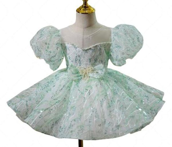 Vestidos para niñas de flores de encaje con lentejuelas hasta la rodilla joya verde claro ropa formal para niños de manga corta