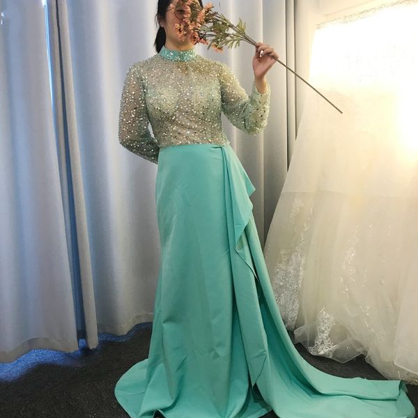 Robe de soirée vert clair à manches longues, tenue de soirée, perles en cristal, col haut, jupe en satin fendue sur le côté, robe de bal de promo