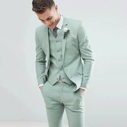 Trajes de hombre de color verde claro, esmoquin de boda, solapa con muesca, moda para novio, ropa Formal, chaqueta ajustada, chaqueta, chaleco, traje para hombre 240110