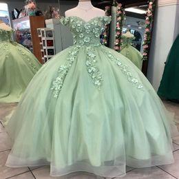 Vert clair épaule dénudée dentelle perles Tull Occasion Robe De 15 Anos Quinceanera robe 16 anniversaire Pageant robes de princesse