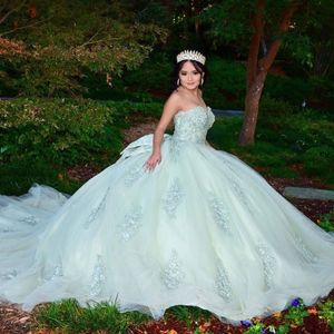 Lichtgroen uit de schouder prinses baljurk Quinceanera jurk applique kant Tull Sweet 16 jurk verjaardagsfeestje jurk vestidos de 15