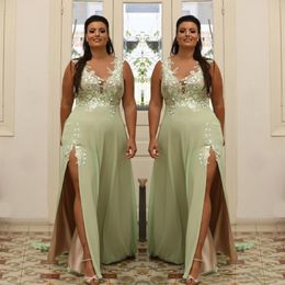 Vert clair, plus la taille appliquée robes de bal pure col en V robe de soirée une ligne fendue côté en mousseline de soie longueur de plancher robe formelle Abiye 2022