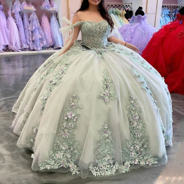 Robe de robe de quinceanera vert clair 2024 3d applique florale perle perle tull corset sweet 16 vestido 15 de anos