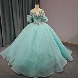 Vert clair brillant col rond fleurs 3D perles robe de Quinceanera robe de bal robe bouffante 16th anniversaire début vestido de charra 15 anos
