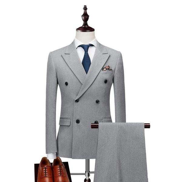 Esmoquin de novio gris claro negro con doble botonadura para hombre esmoquin de boda chaqueta de solapa de pico Blazer para hombre traje de Darty de cena 1132277h