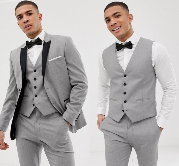 Gris claro Novio Esmoquin Solapa negra Padrino de boda Traje de 3 piezas Moda Hombres Negocios Fiesta de graduación Chaqueta BlazerChaqueta Pantalones Tie264d