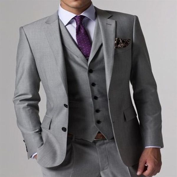 Gris claro Novio Esmoquin Muesca Solapa Slim Fit Padrinos de boda para hombre Vestido de novia Excelente Hombre Chaqueta Blazer 3 piezas SuitJacket Pantalones V298b